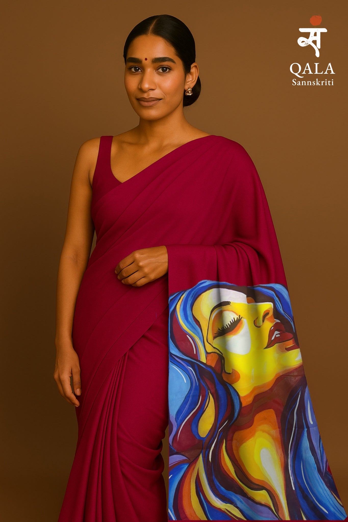 Carmine hand painted handloom. Saree “ She who rises “