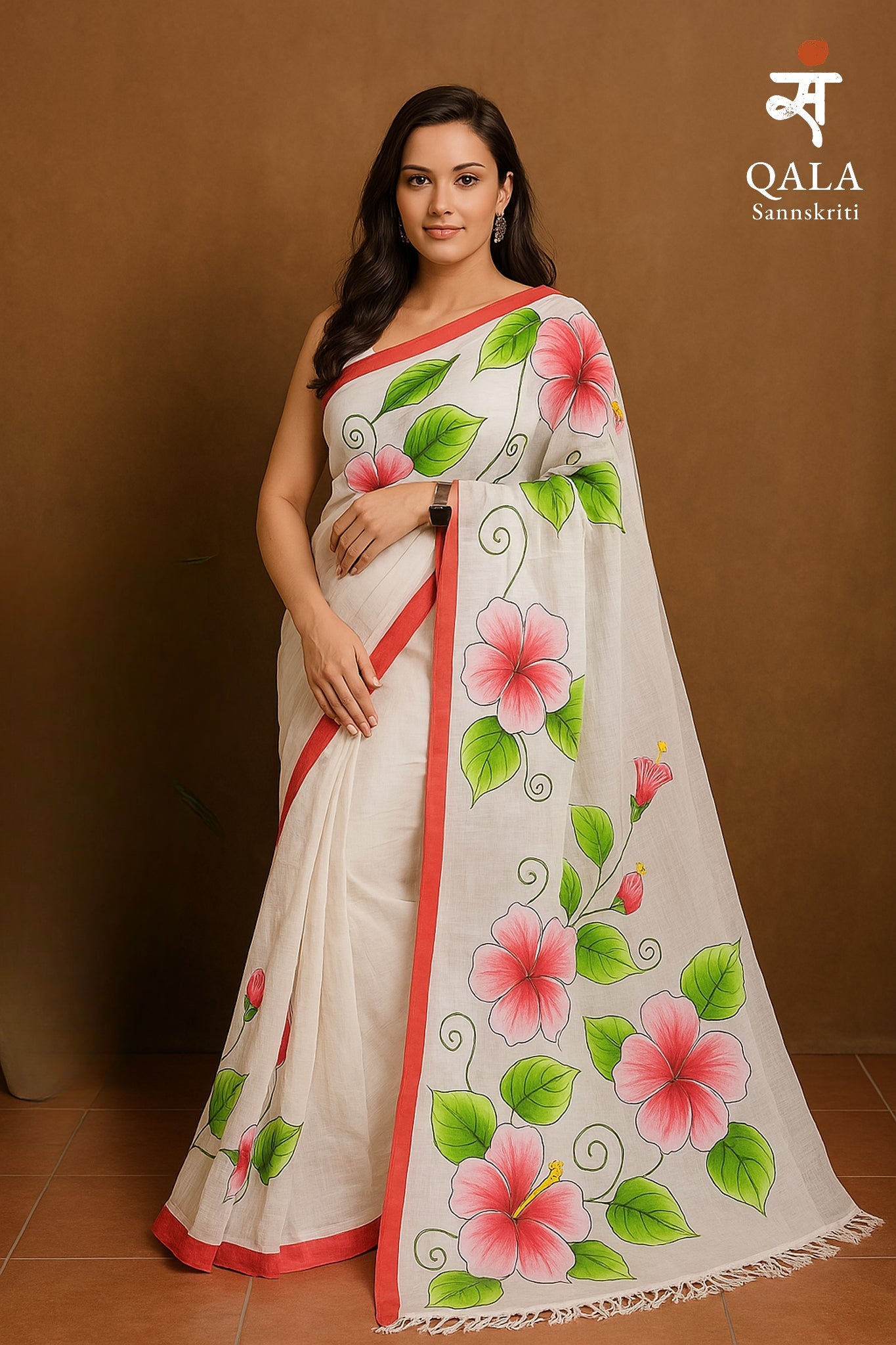 White hand painted mul cotton saree “ Gulabi saaz “