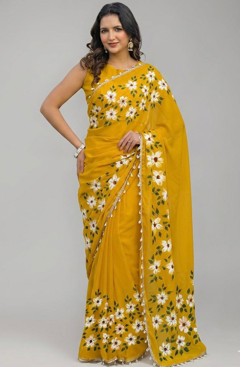 Yellow shimmer georgette saree : Surya Pushp