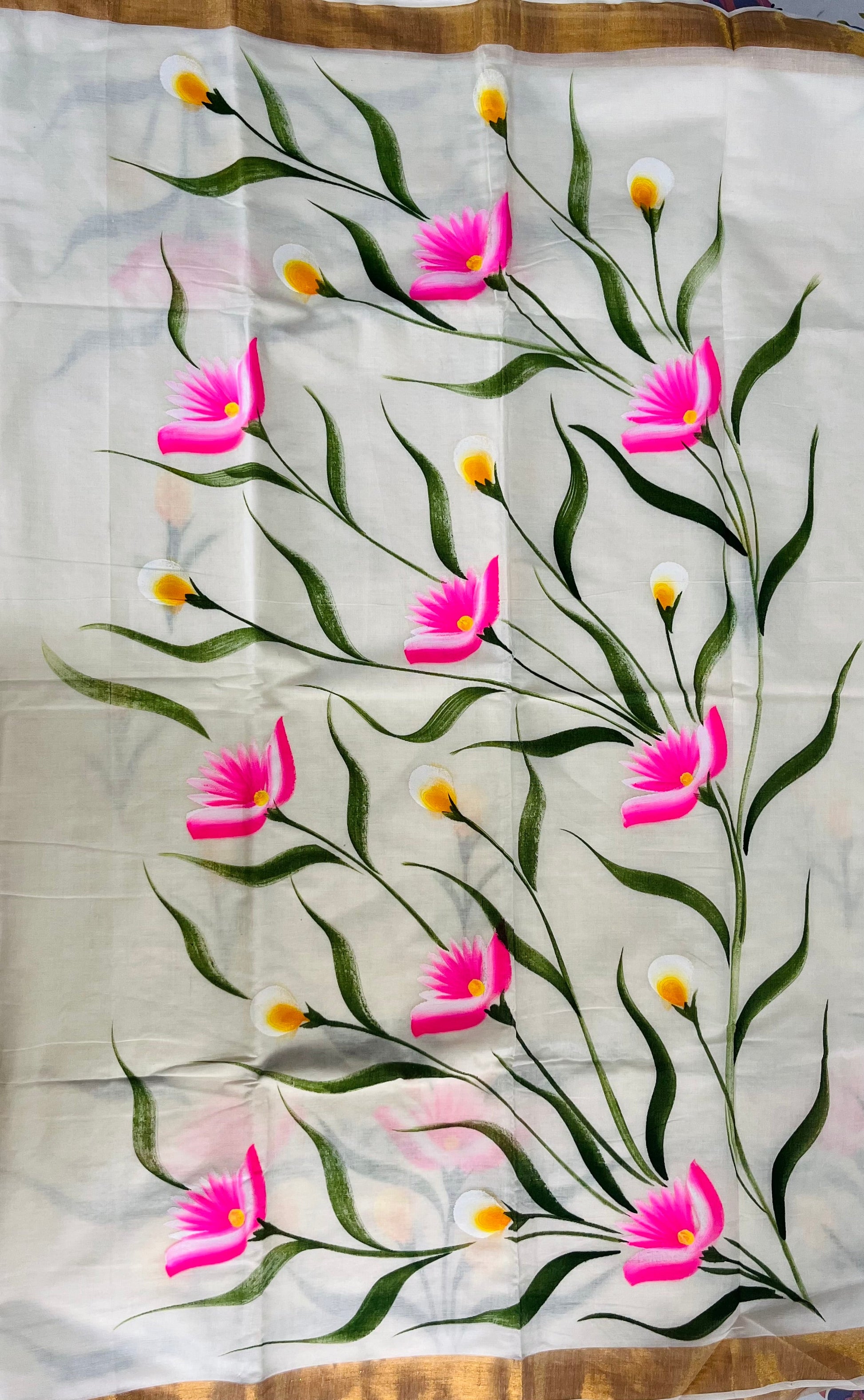 White floral hand painted Kerala kasavu saree “ Baag ki kaliya “