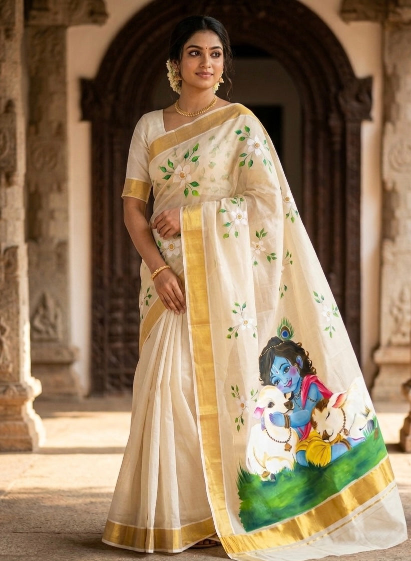 Golden Kerala tissue saree : Divine innocence