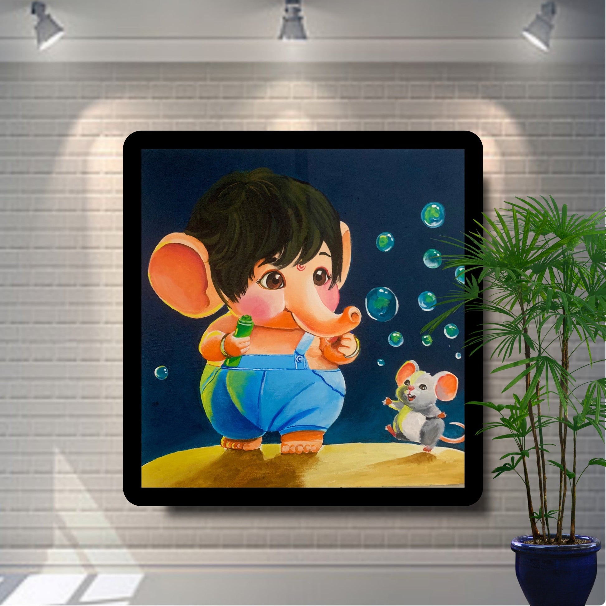 Baby Ganesha playing with bubbles