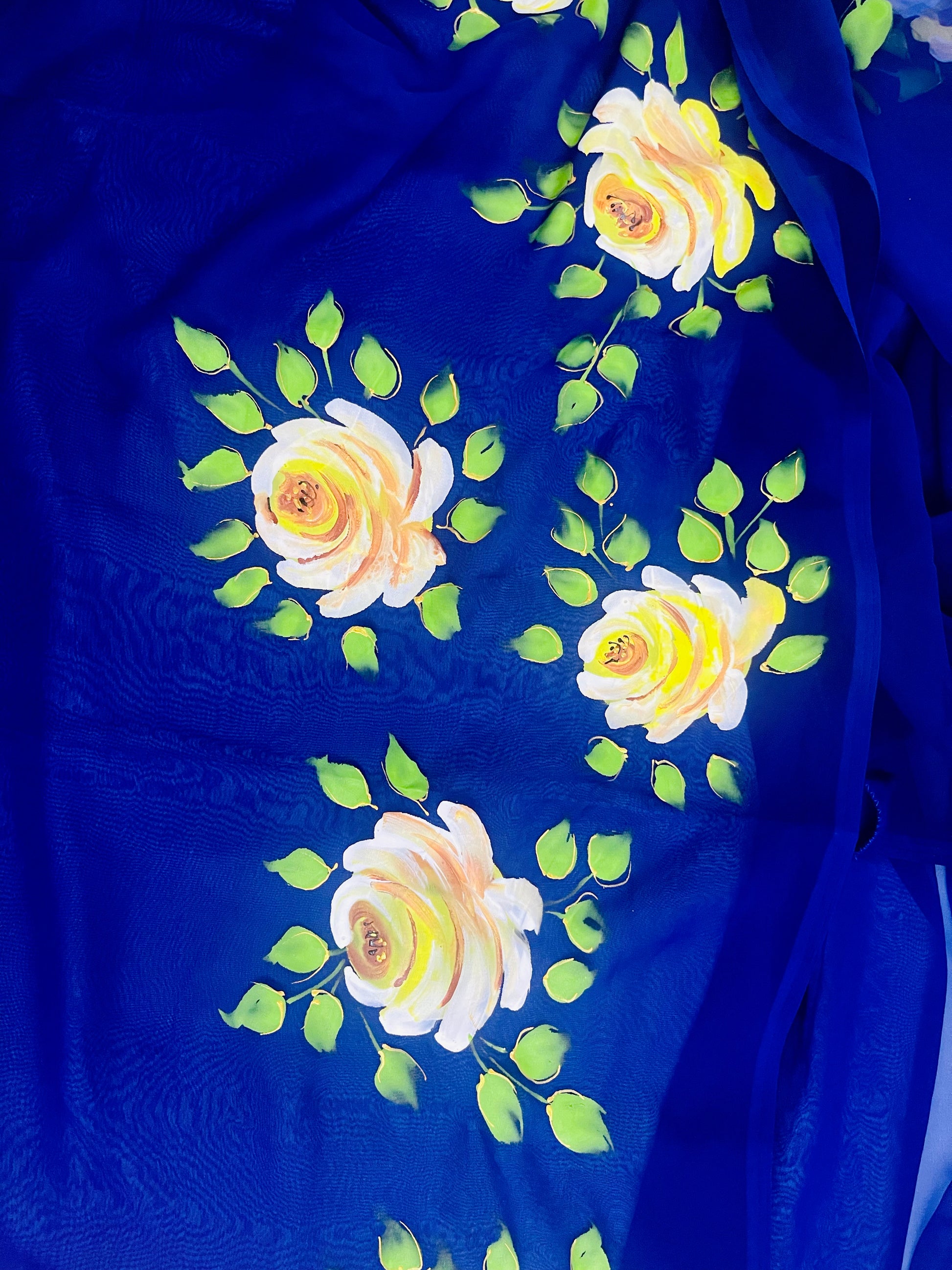 Deep blue georgette saree : midnight garden in Bloom