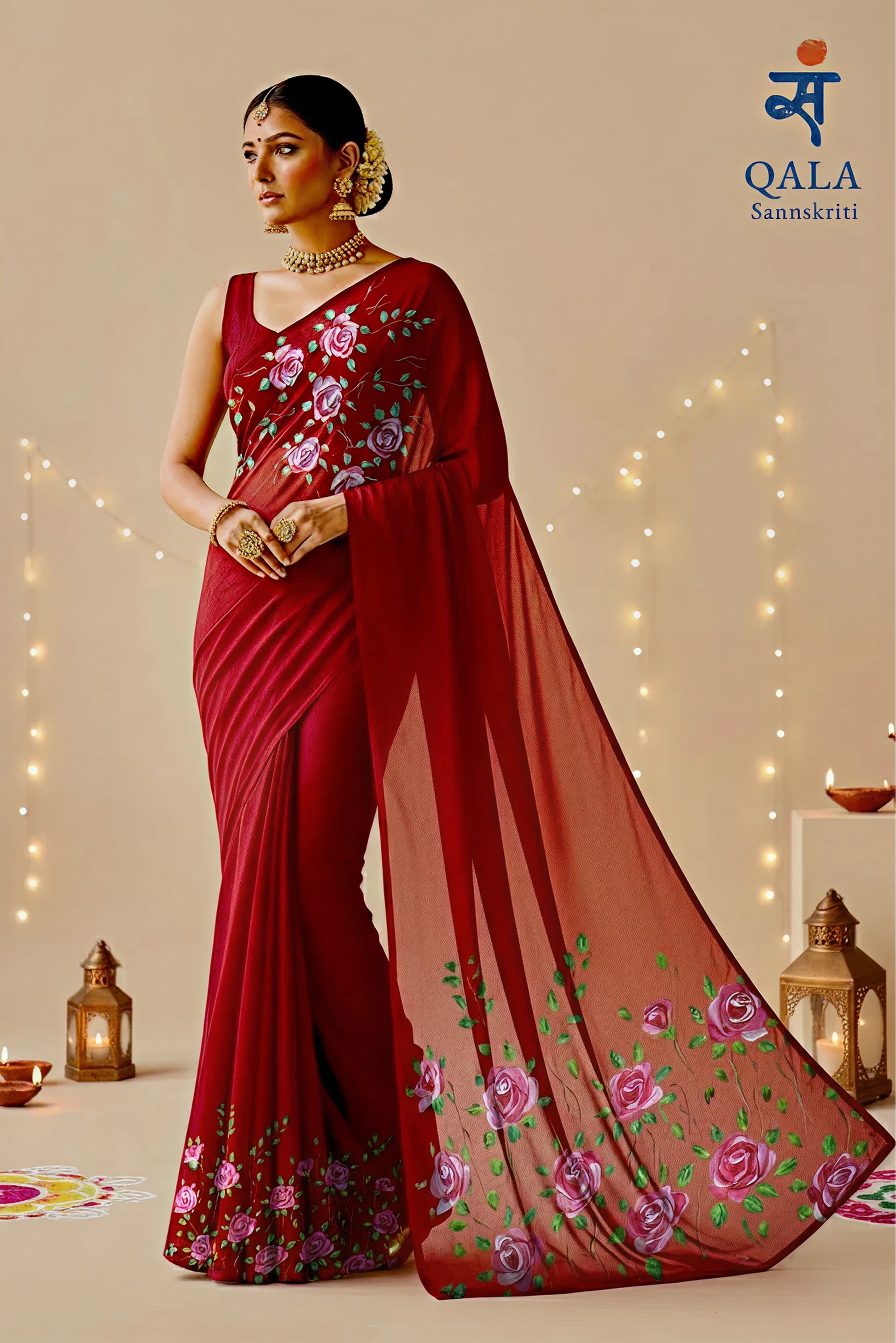 Maroon hand painted roses on georgette saree : Whispers of Crimson roses