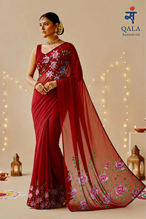 Maroon hand painted roses on georgette saree : Whispers of Crimson roses