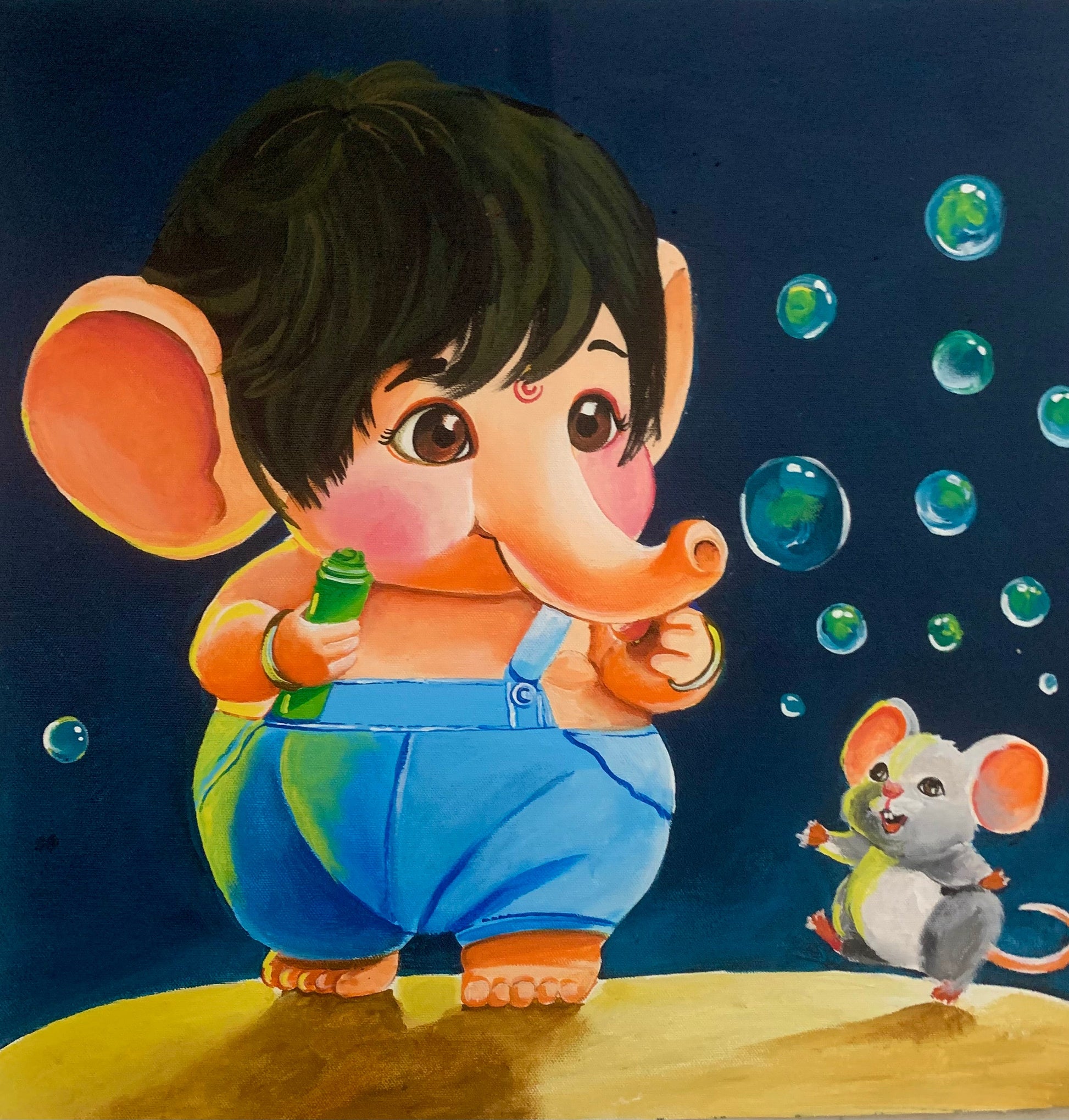 Baby Ganesha playing with bubbles