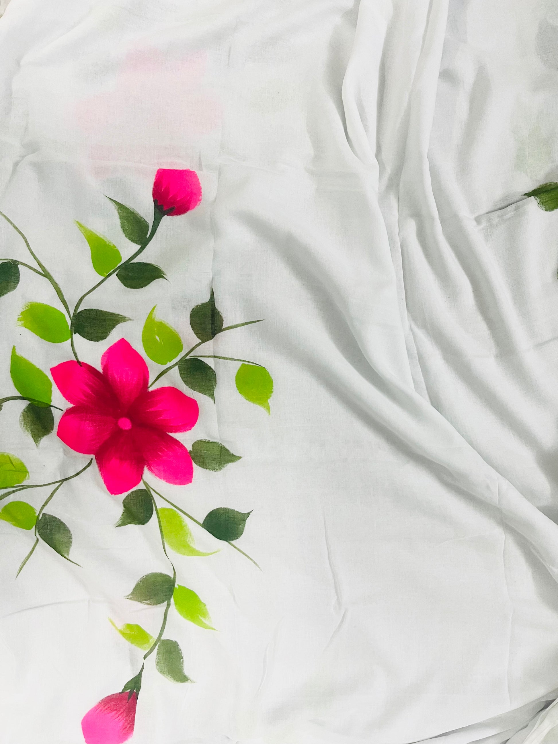 White mul cotton hand painted floral saree