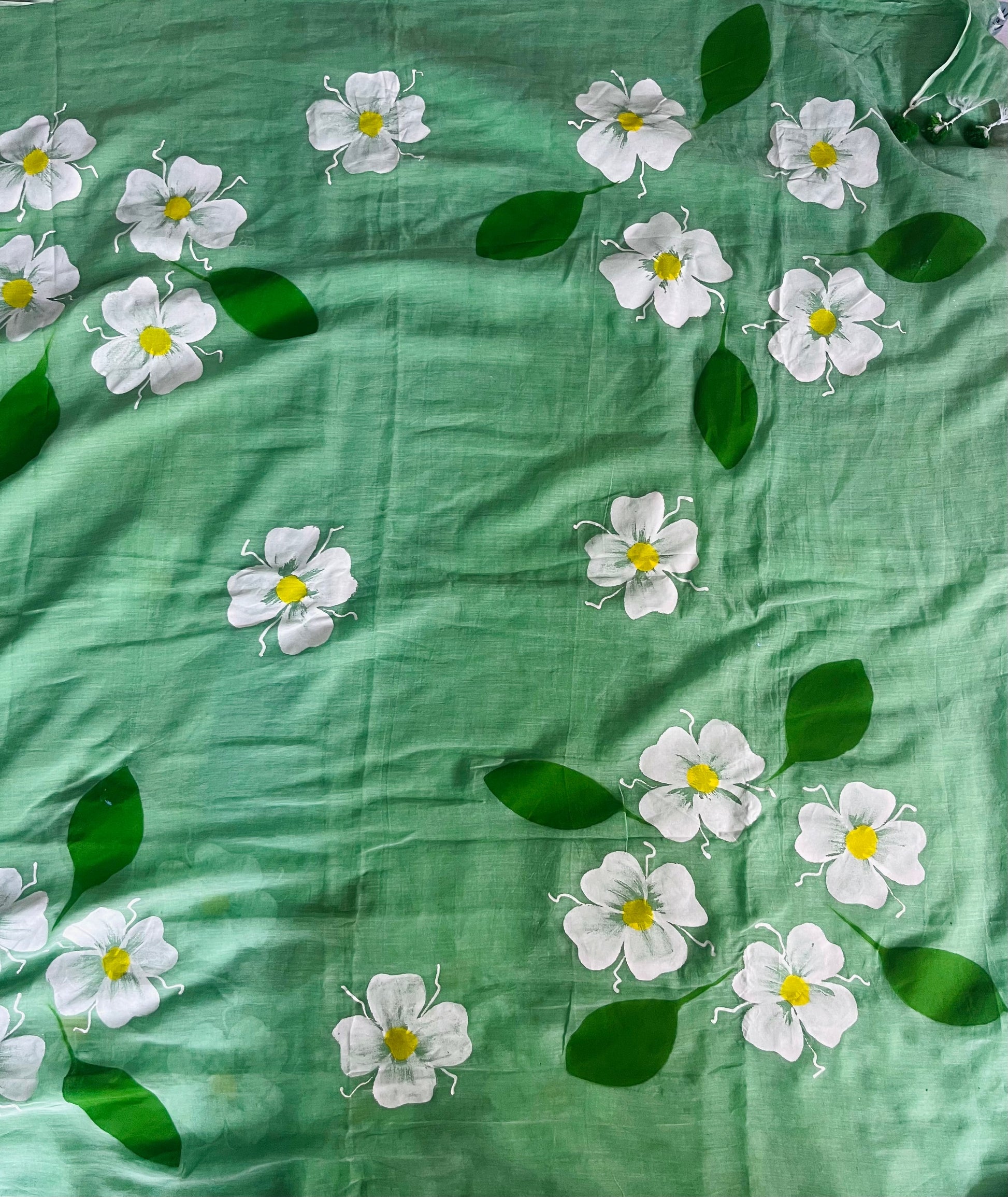 Pista green hand painted mul cotton saree “ chandani phool “