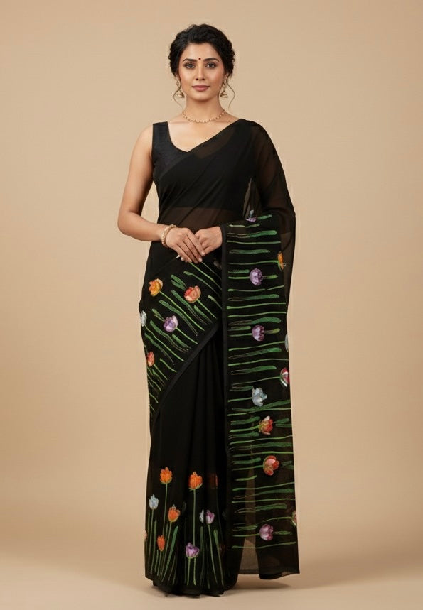 Black colourful tulips on georgette saree : Midnight Garden