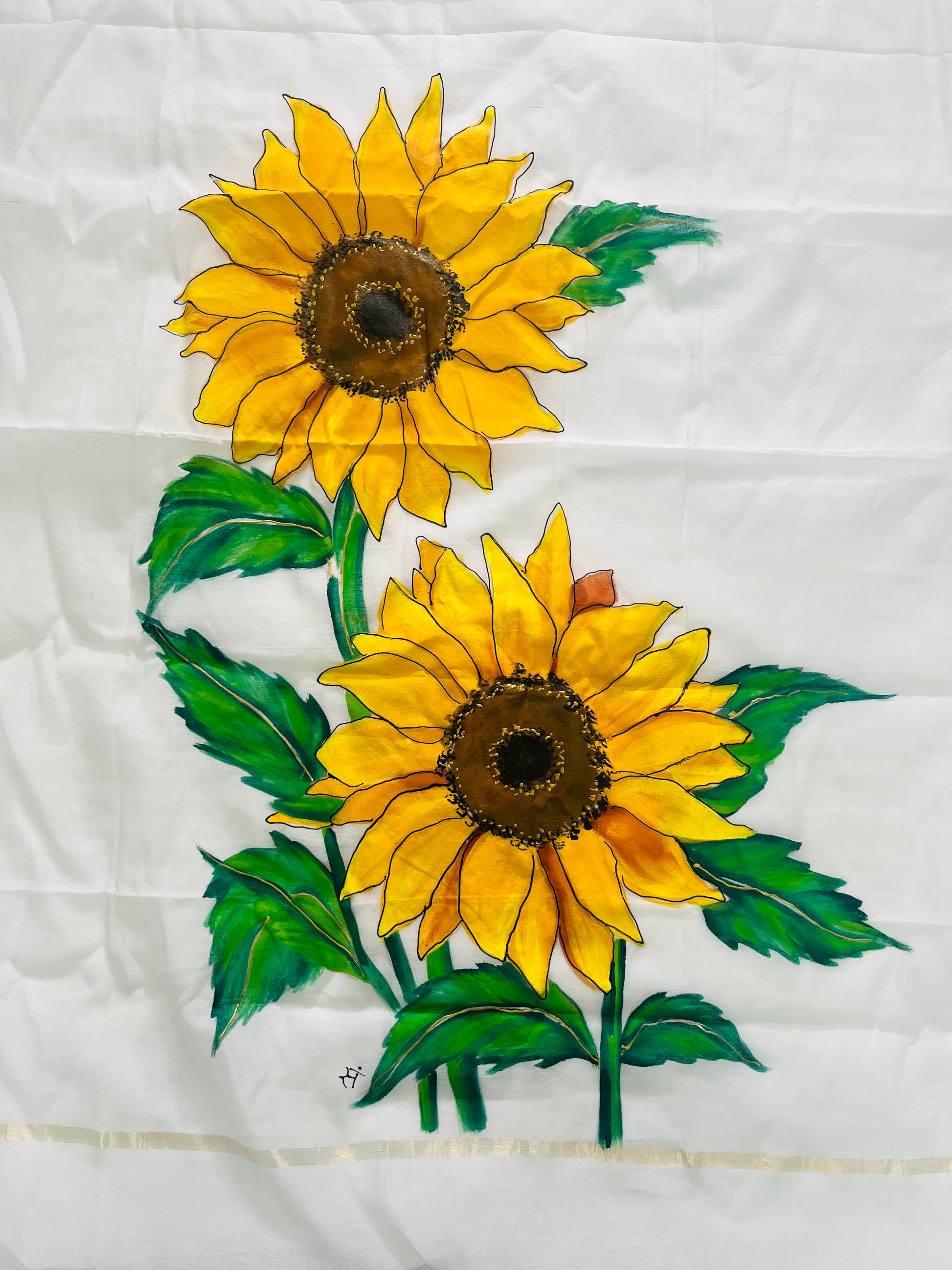 Yellow sunflowers on pure malai chanderi dupatta : Sunlit Grace