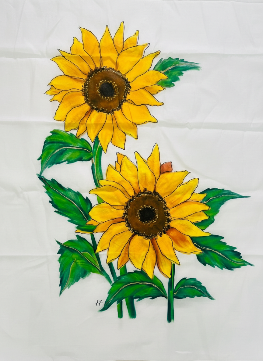 Yellow sunflowers on pure malai chanderi dupatta : Sunlit Grace