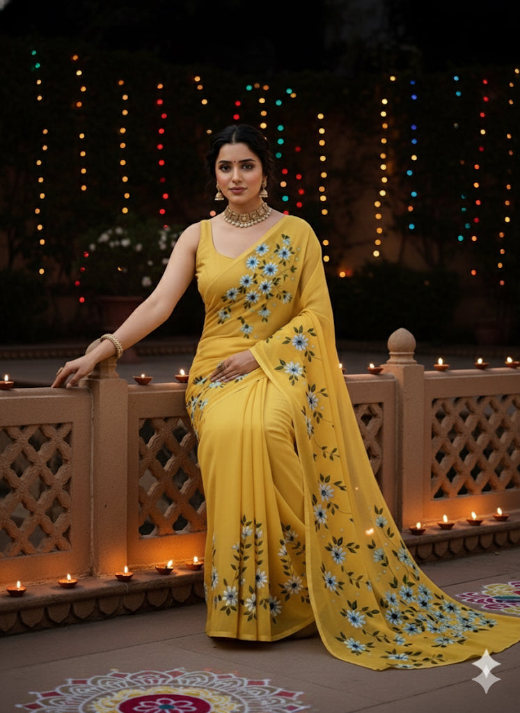 Yellow floral georgette saree : Sunshine blooms