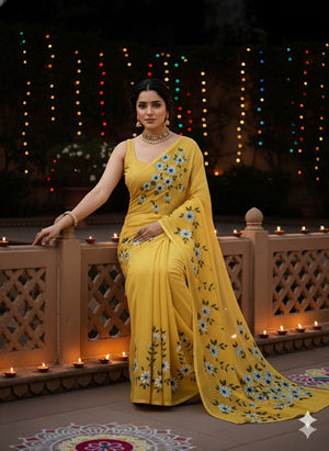 Yellow floral georgette saree : Sunshine blooms