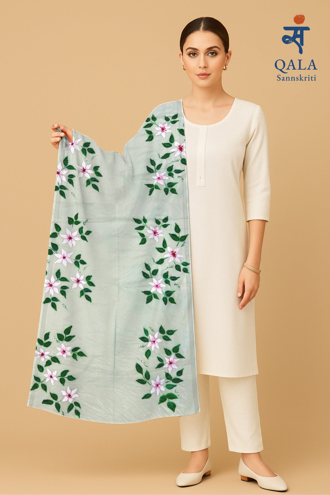Light pista green pure chanderi cotton  dupatta : “Serenity in bloom”