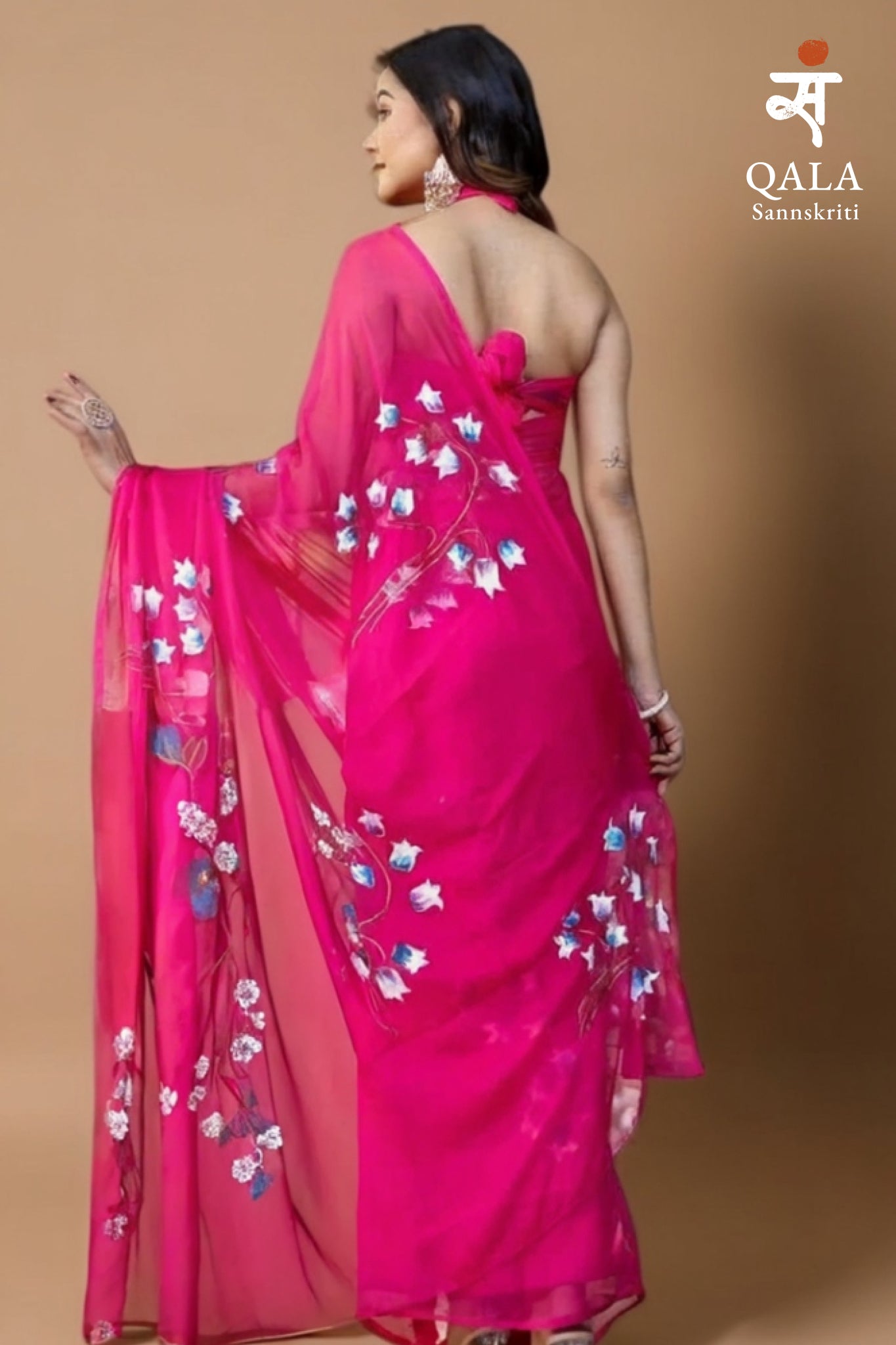 Hot pink hand painted mul cotton saree “ Gulabi saaz”