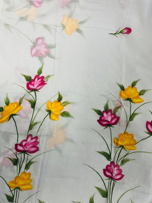 Light yellow hand painted florals on mul cotton saree