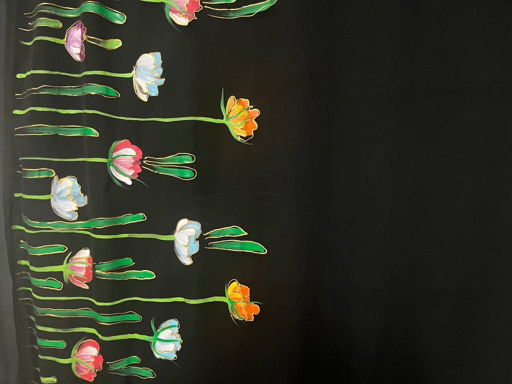 Black colourful tulips on georgette saree : Midnight Garden