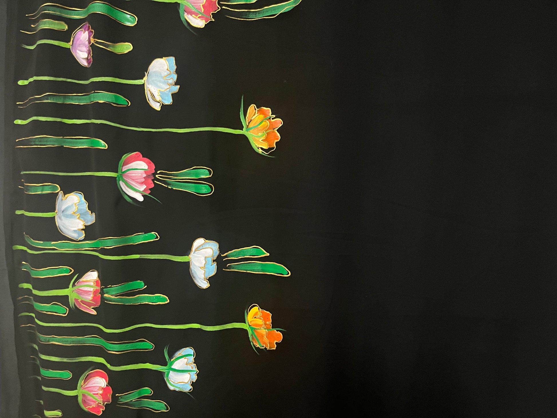 Black colourful tulips on georgette saree : Midnight Garden