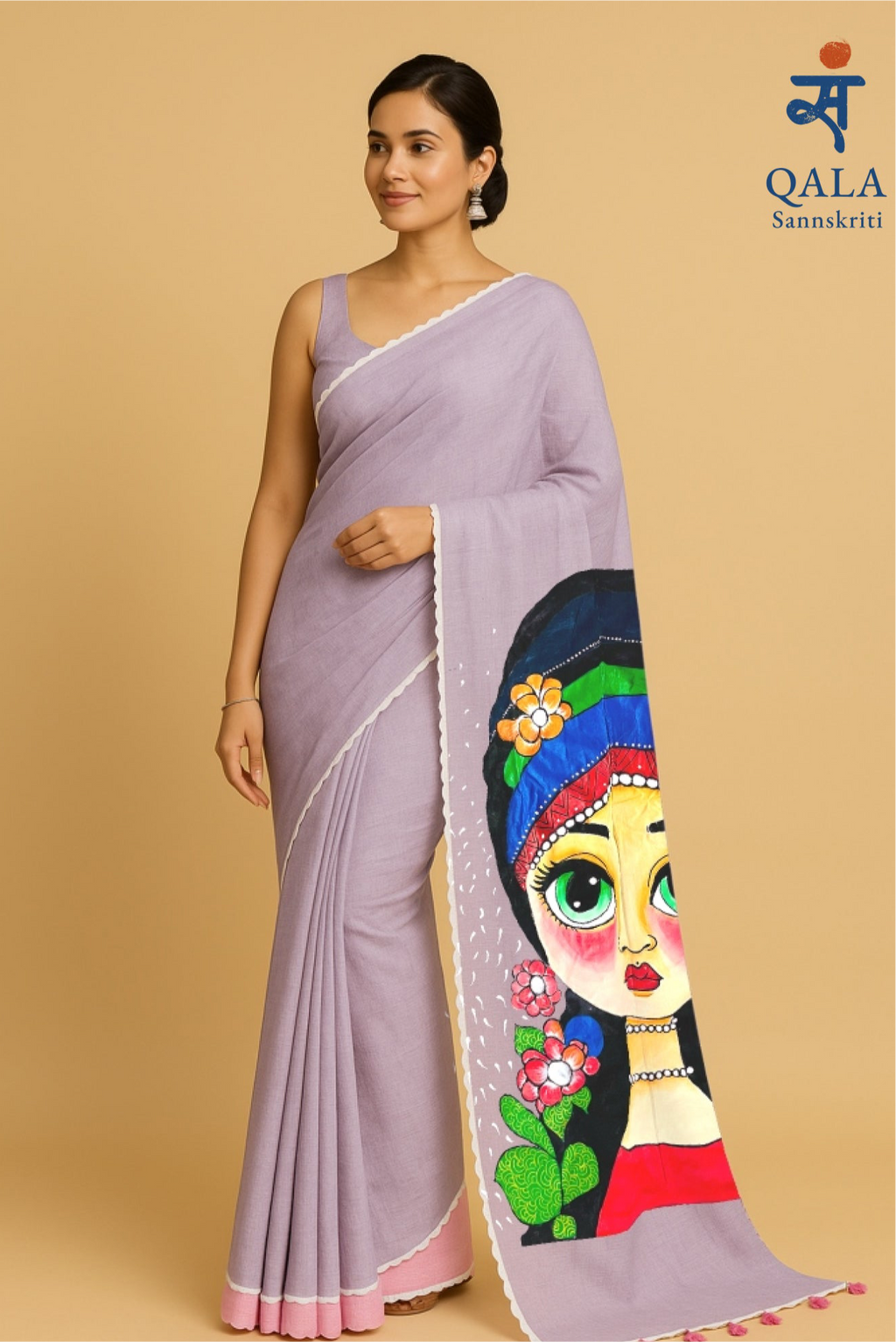 Pink and purple hand painted handloom saree “The dreamer in Bloom”
