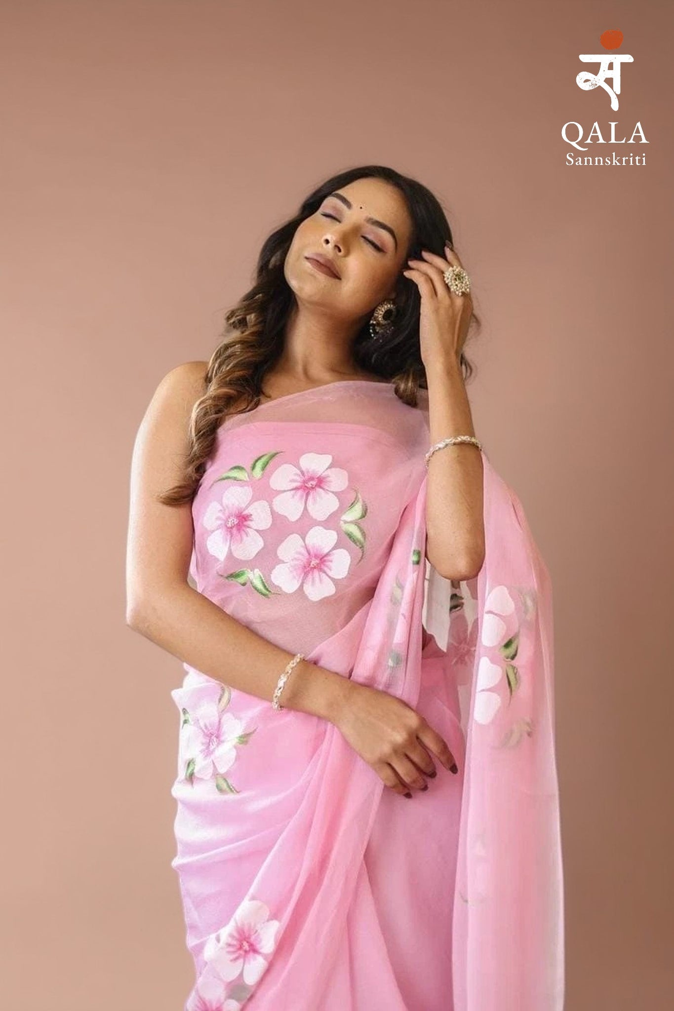 Baby pink hand painted mul cotton saree “ whispers of spring “