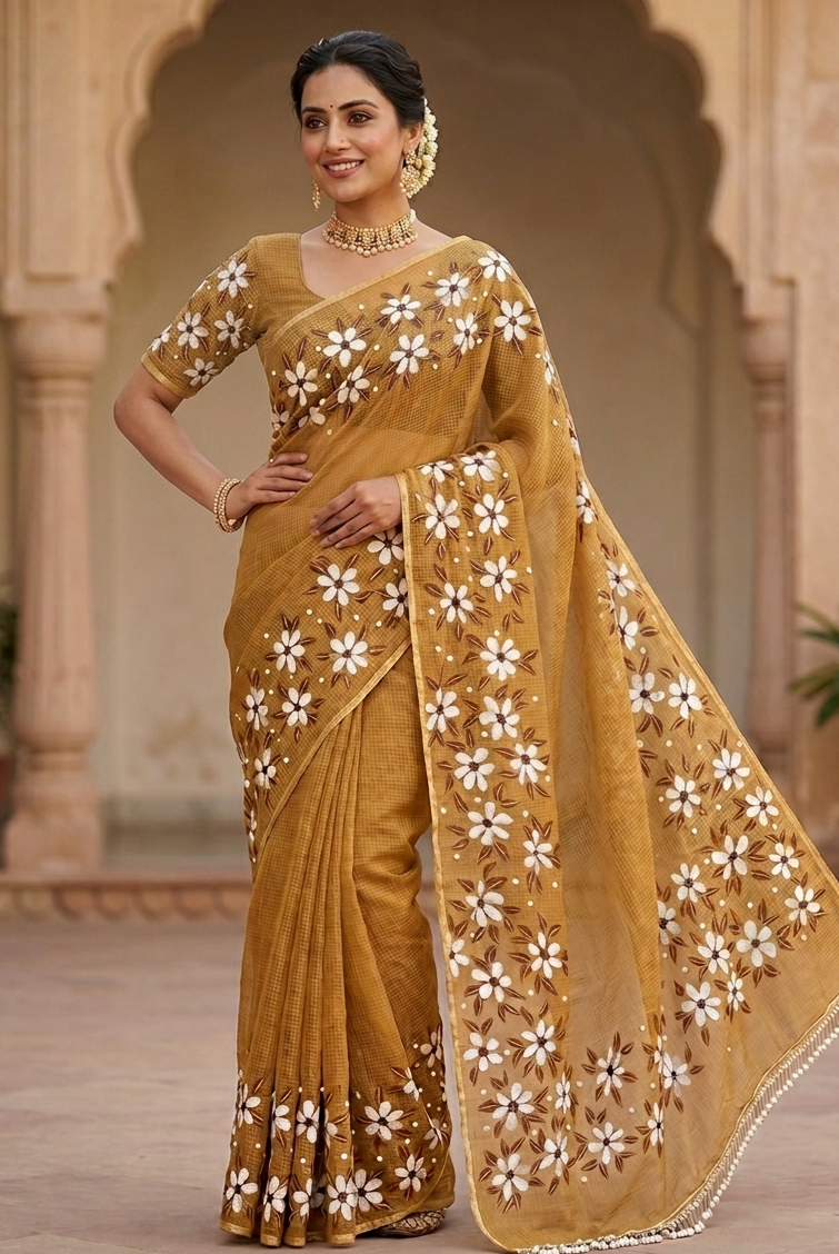 Mustard pure cotton Kota Doria saree : Dhara ki Komal Muskaan