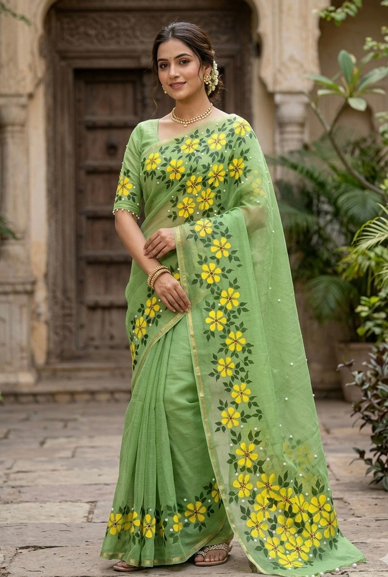 Pista green Pure cotton Kota Doria saree : Harit Pushpangan