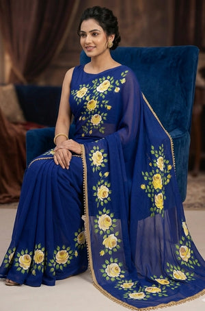 Deep blue georgette saree : midnight garden in Bloom