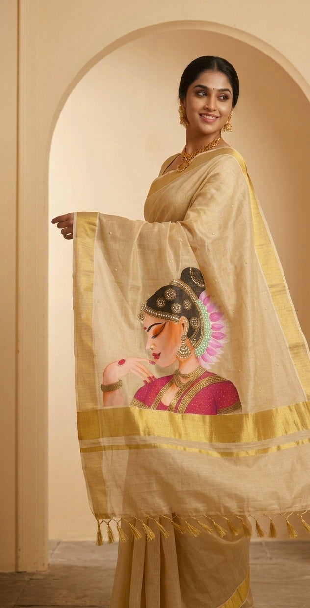 Golden Kerala kasa u tissue saree