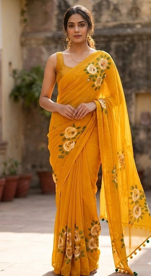 Deep yellow georgette saree : Surya pushp