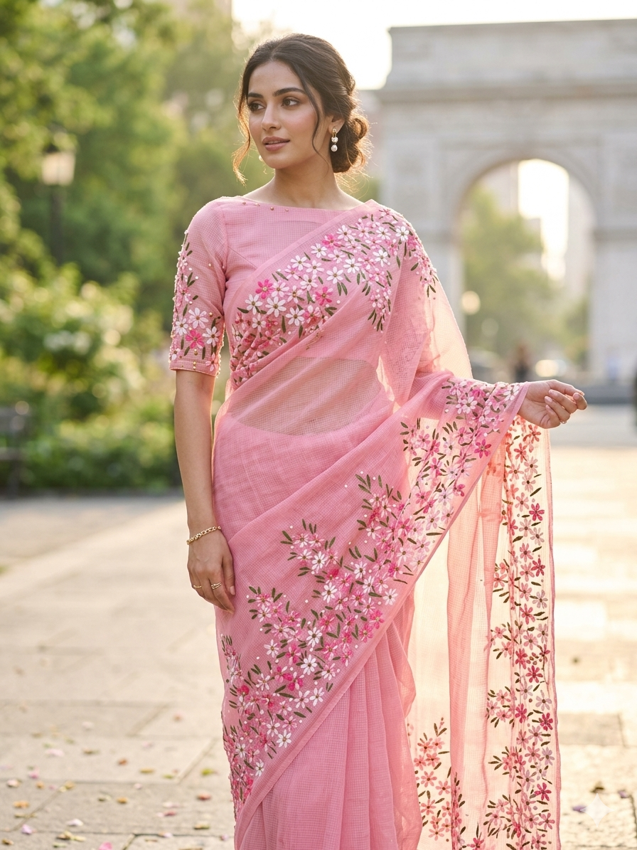 Baby pink pure cotton Kota Doria saree : Blush of Spring