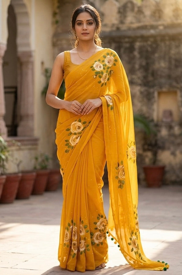 Deep yellow georgette saree : Surya pushp