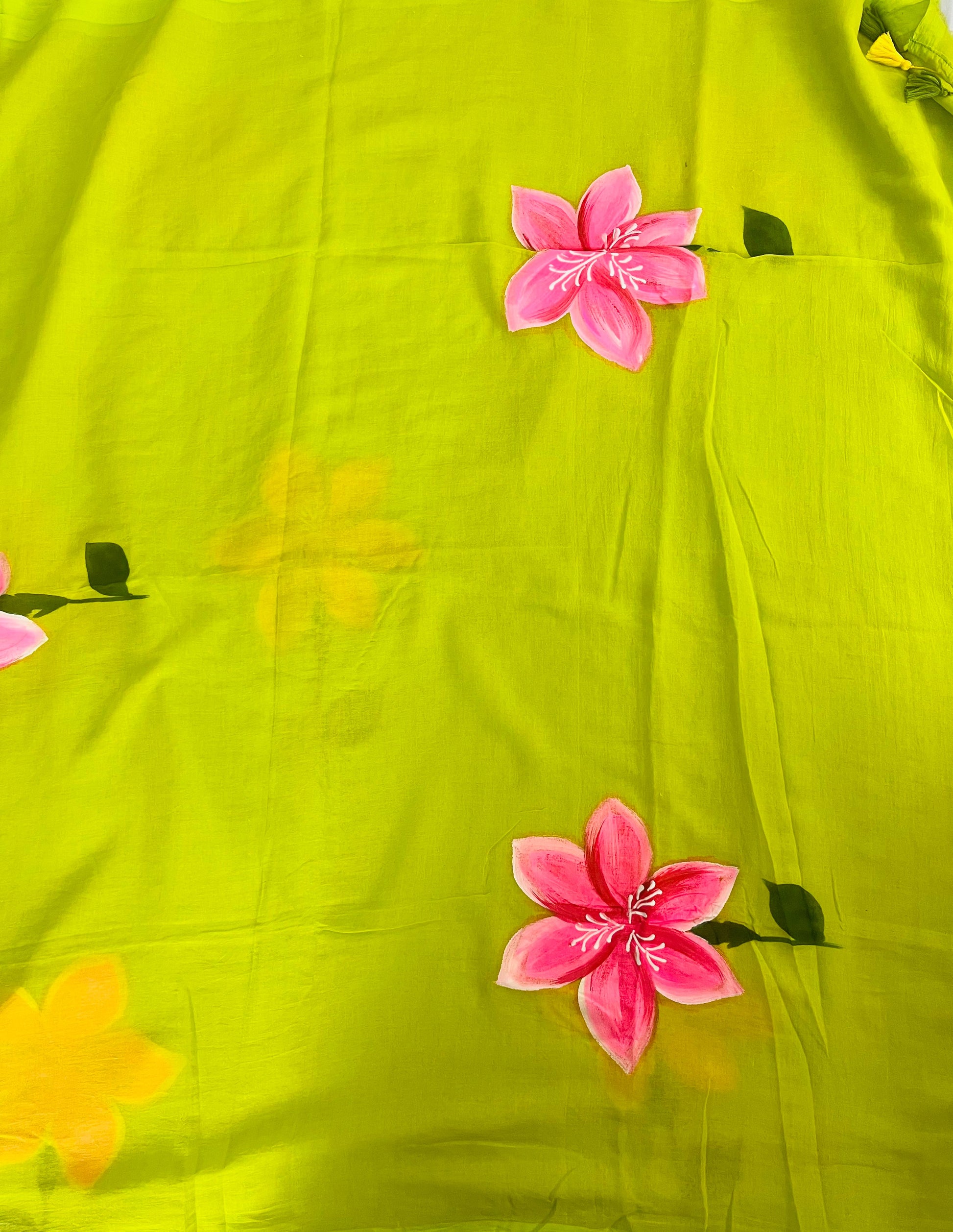 Yellow green hand painted mul cotton saree “ Rangon ki reet “