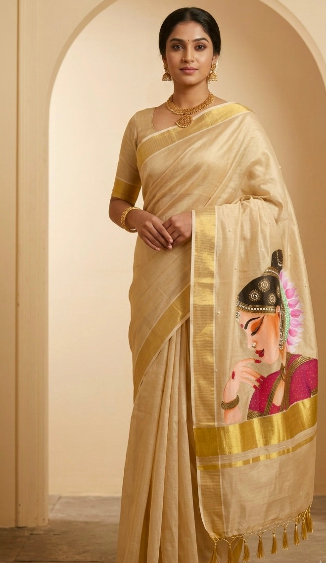Golden Kerala kasa u tissue saree