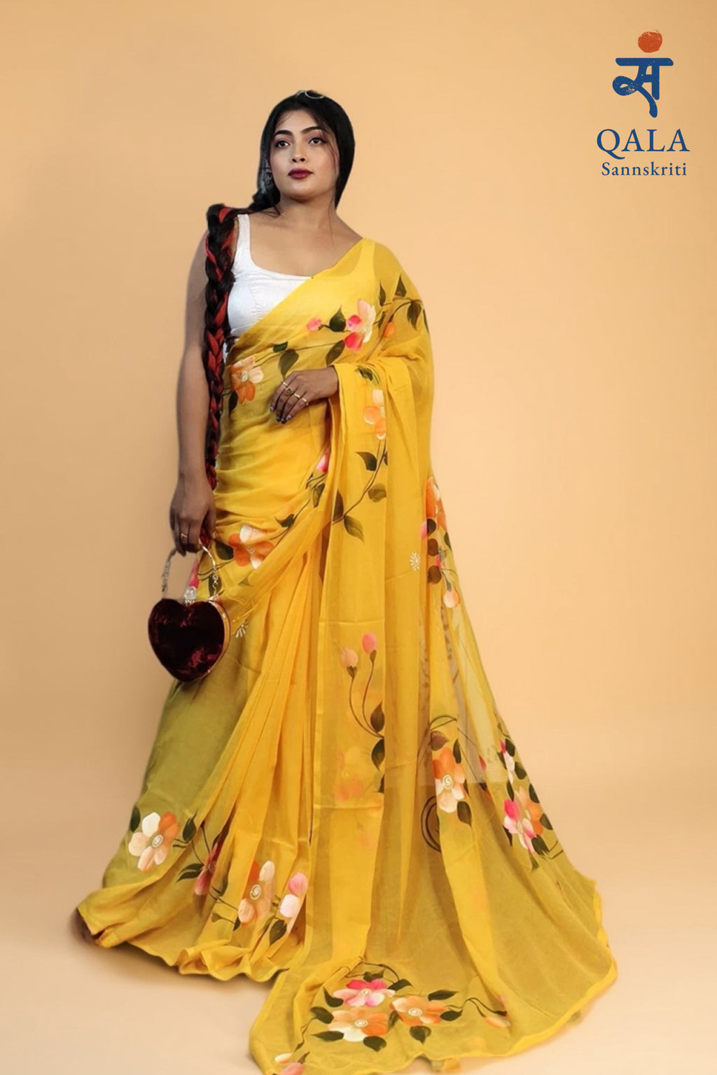 Yellow hand painted florals on mul cotton saree