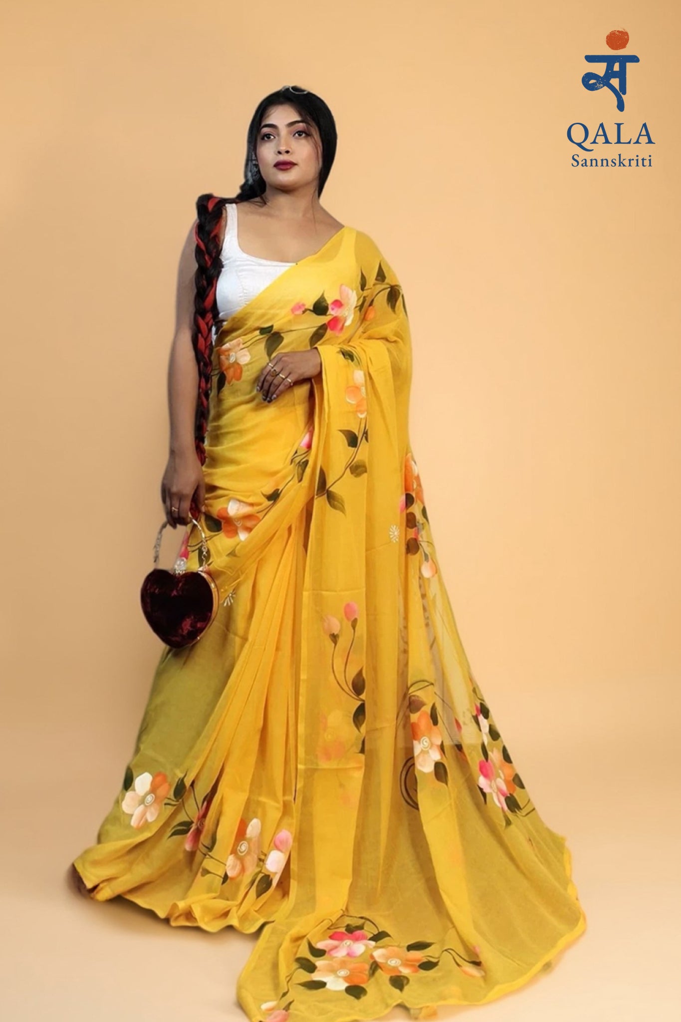 Yellow hand painted florals on mul cotton saree