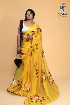 Yellow hand painted florals on mul cotton saree
