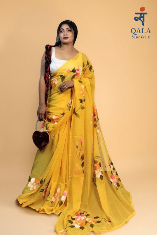 Yellow hand painted florals on mul cotton saree