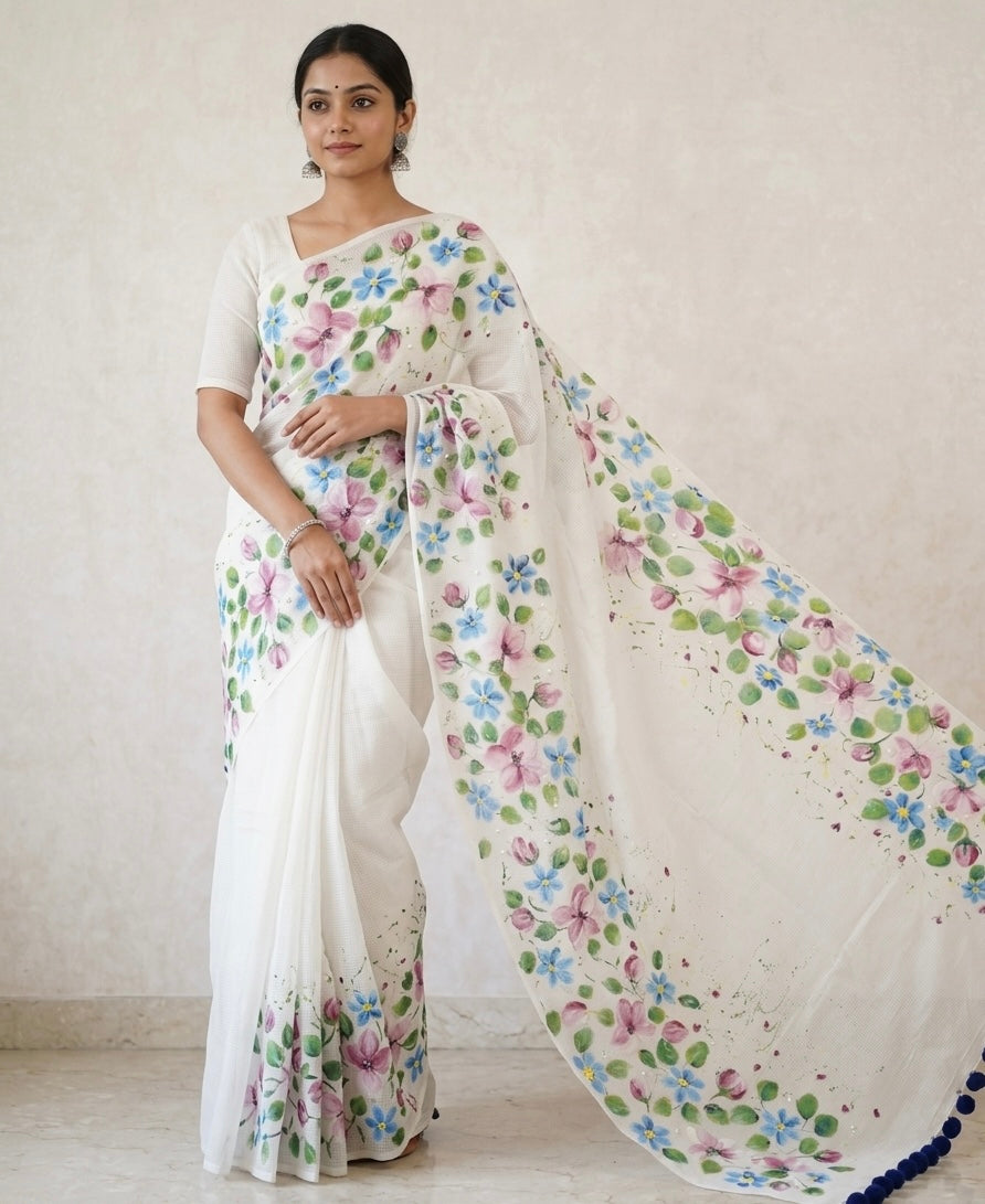 White Kota Doria saree : Phoolon ki komal Saaz