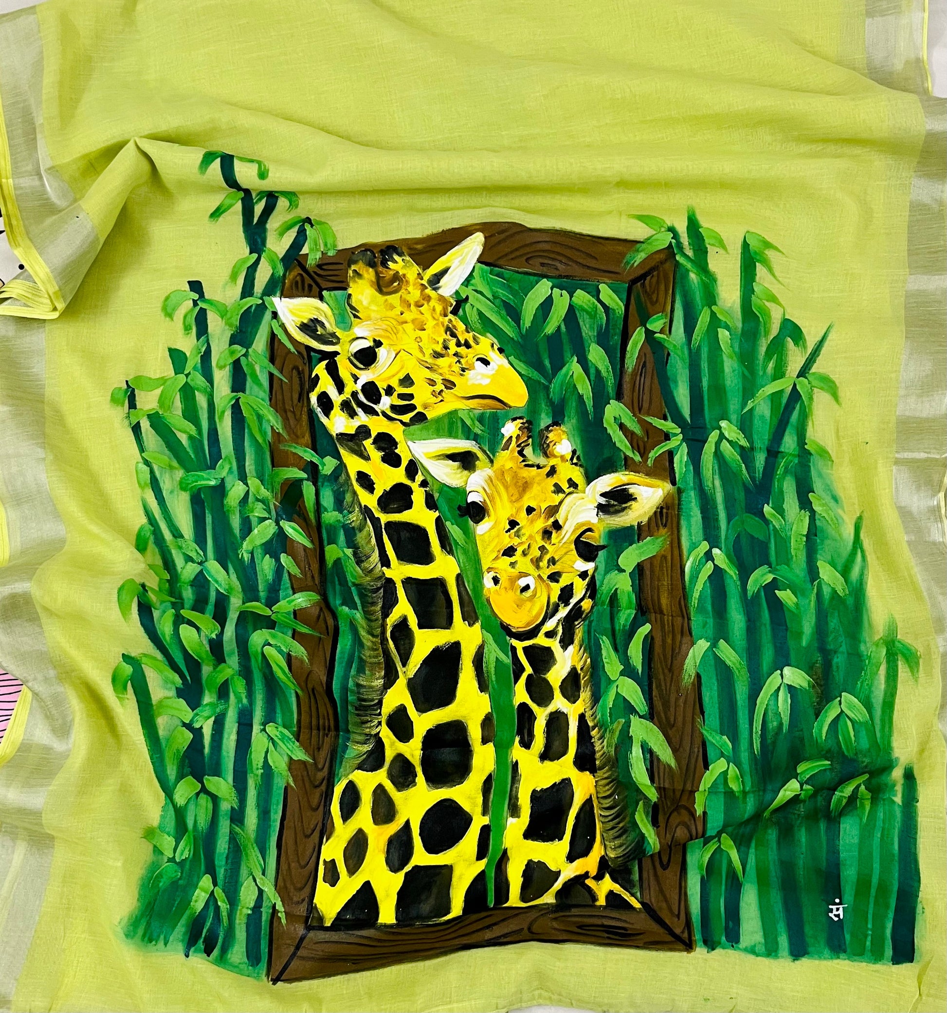 Yellow green hand painted handloom saree “ window to the wild “