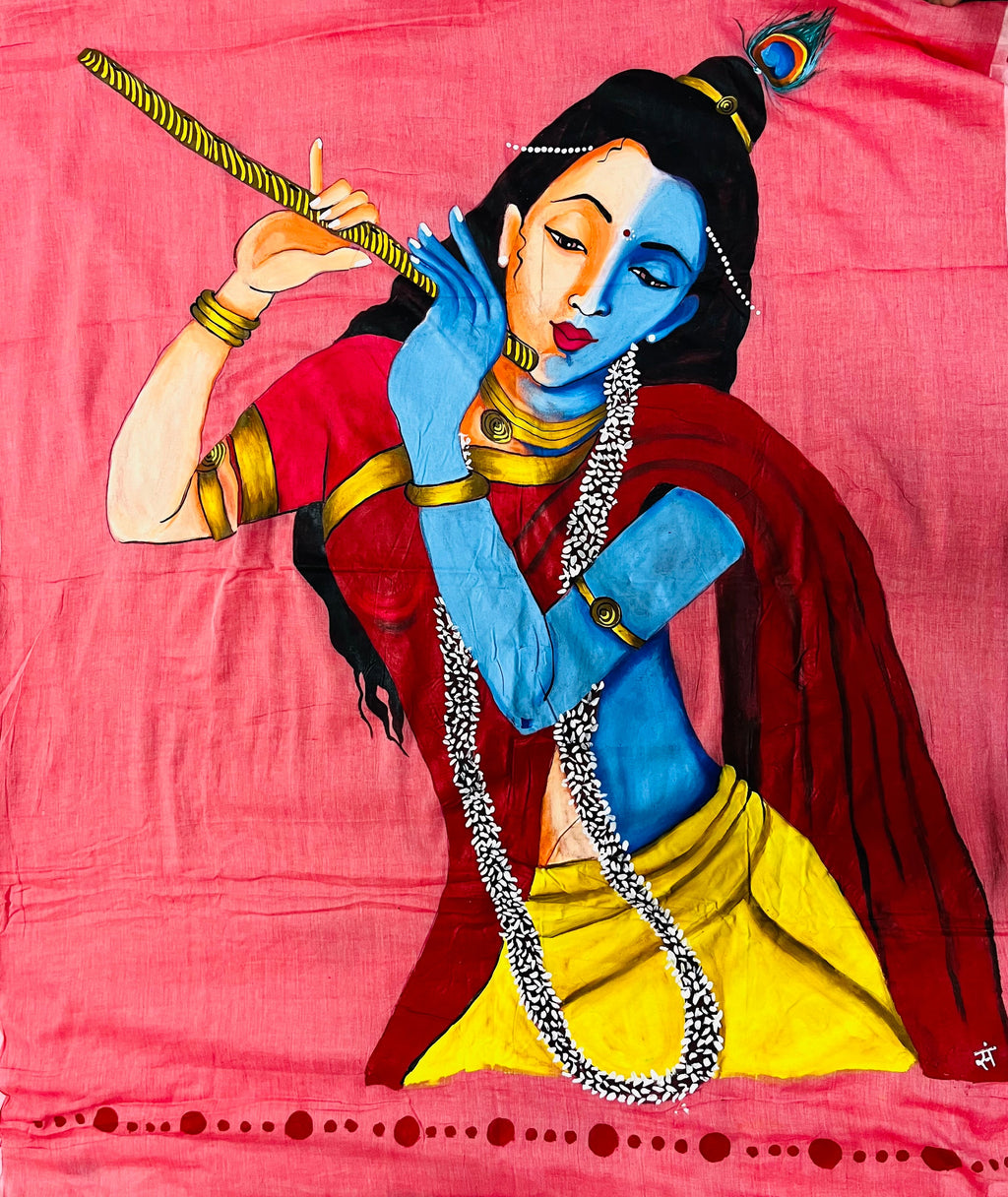 Peach mul cotton hand painted saree “ Radha Krishna : one soul two forms”