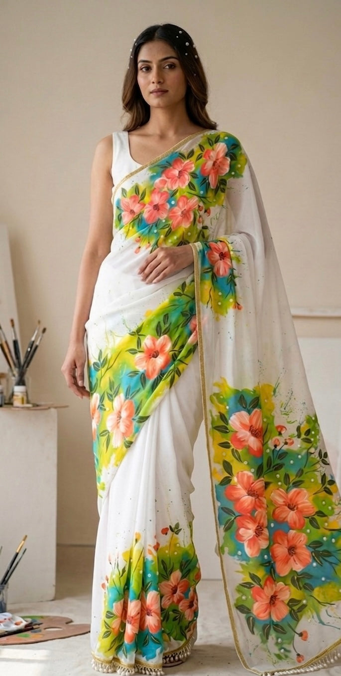 White georgette saree : Blossoms of renewal