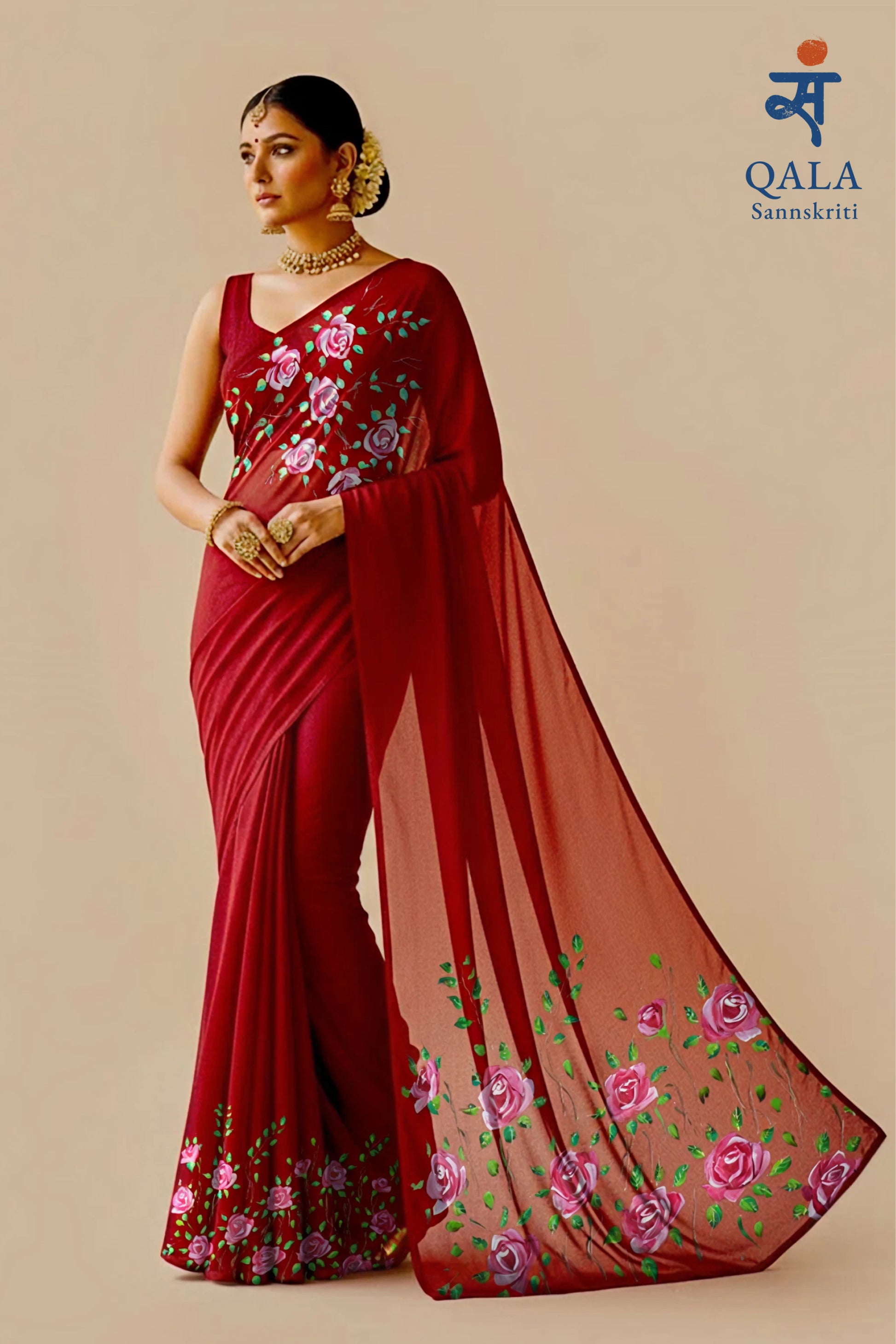 Maroon hand painted roses on georgette saree : Whispers of Crimson roses