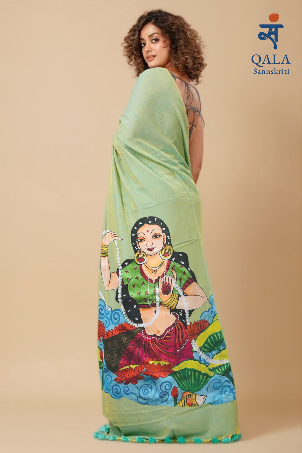 Light green hand painted handloom saree “ The song of the river Maiden”