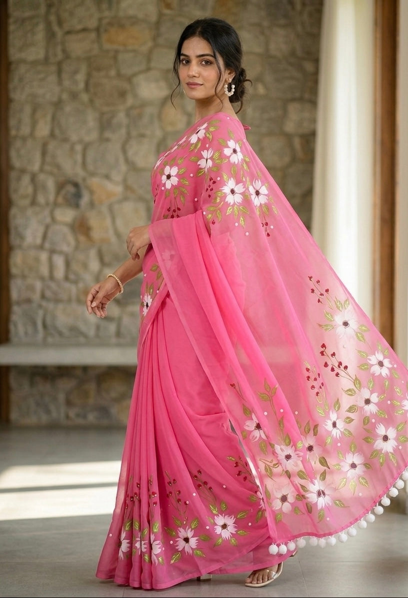 Pink georgette saree : pushp Leher