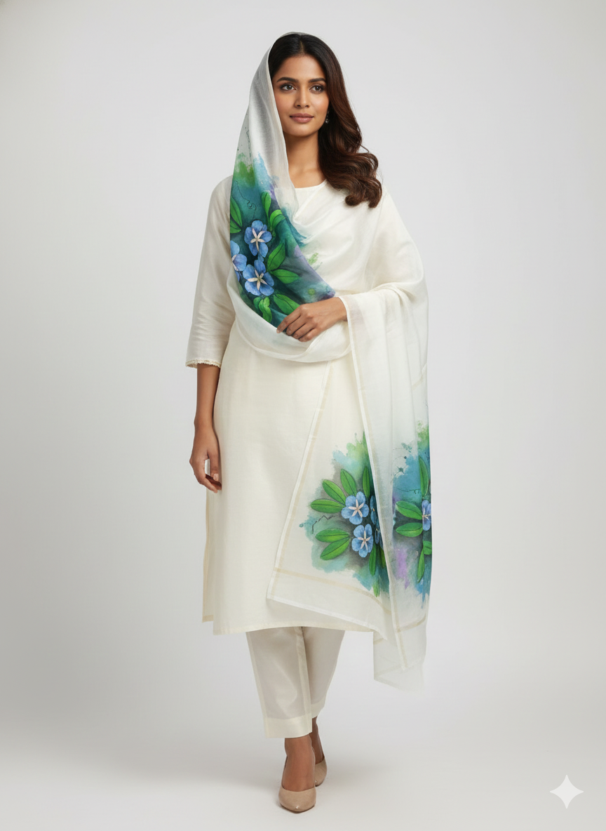 Pure malai Chanderi dupatta : Neel Pushp