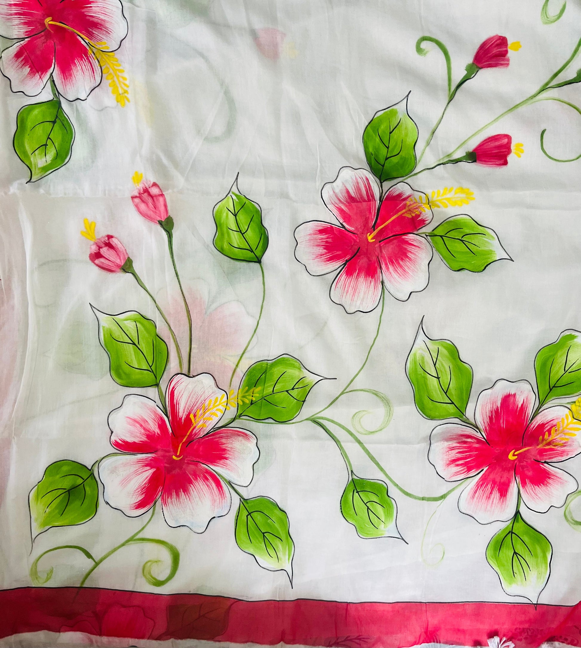 White hand painted mul cotton saree “ Gulabi saaz “
