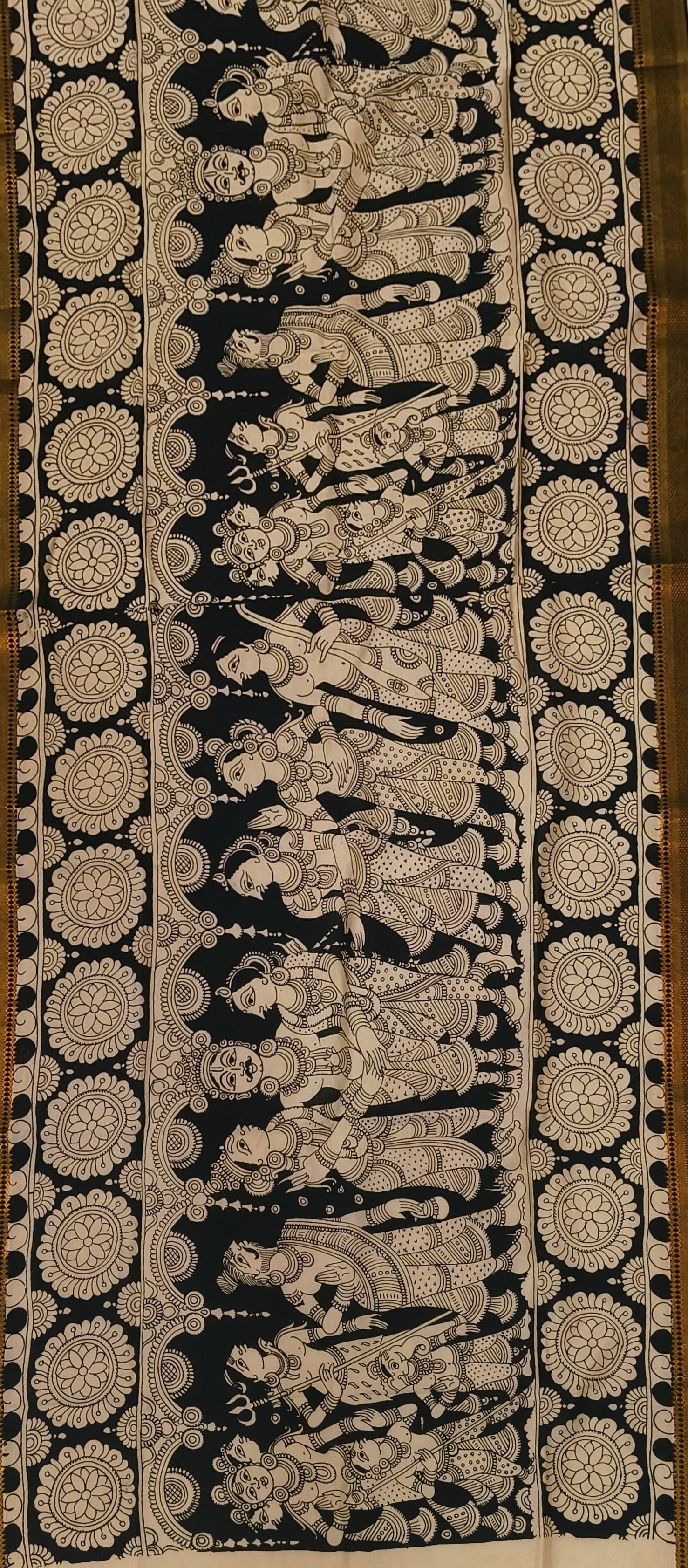 Mangalkari silk Kalamkari work hand painted dupatta “ Divya Sabha : Court of celestials”