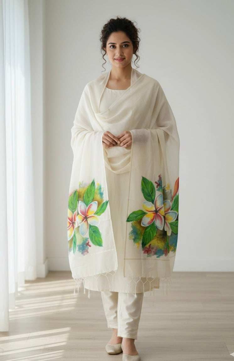 Pure malai chanderi dupatta : Whispers of Plumeria