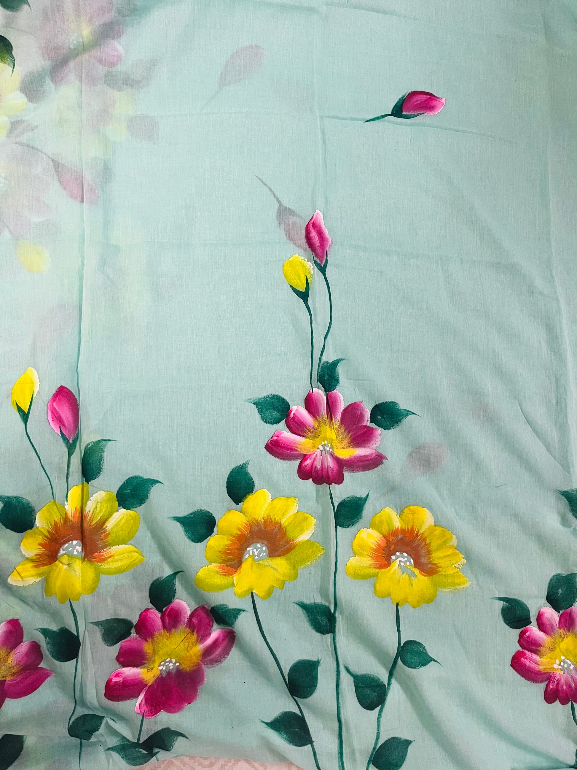 Light sea green hand painted mul saree
