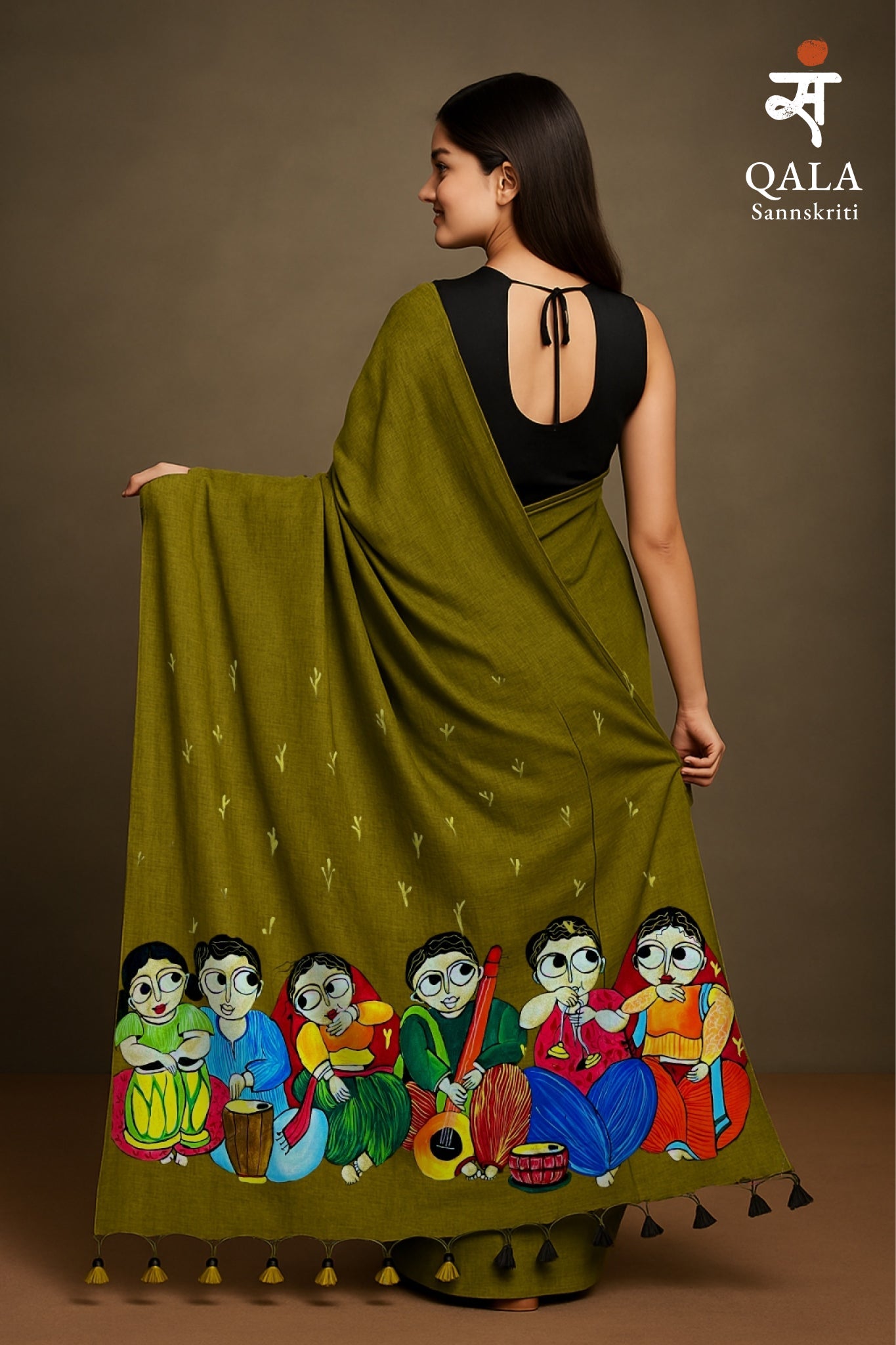 Olive green hand painted handloom saree “Rang Rang : The sisterhood of song “